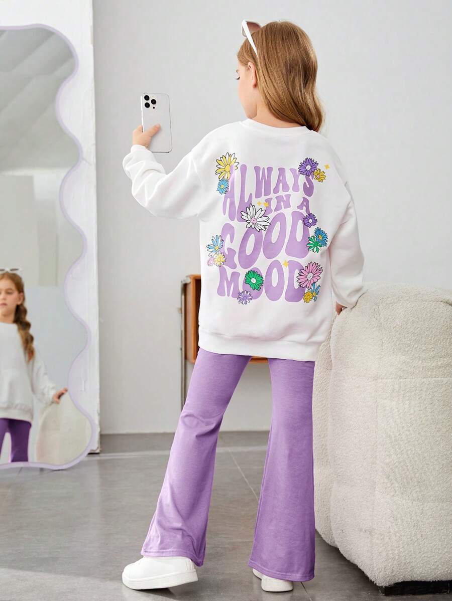 SHEIN Leap Crew Cô gái Tween Đồ họa hoa & khẩu hiệu Thả vai Áo chui đầu & Quần ống loe - Màu tím hoa cà - Xem 1