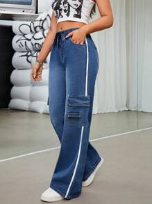 SHEIN ICON Flap Pocket Contrast Side Seam Drawstring Waist Cargo Jeans - Medium Wash - View 3