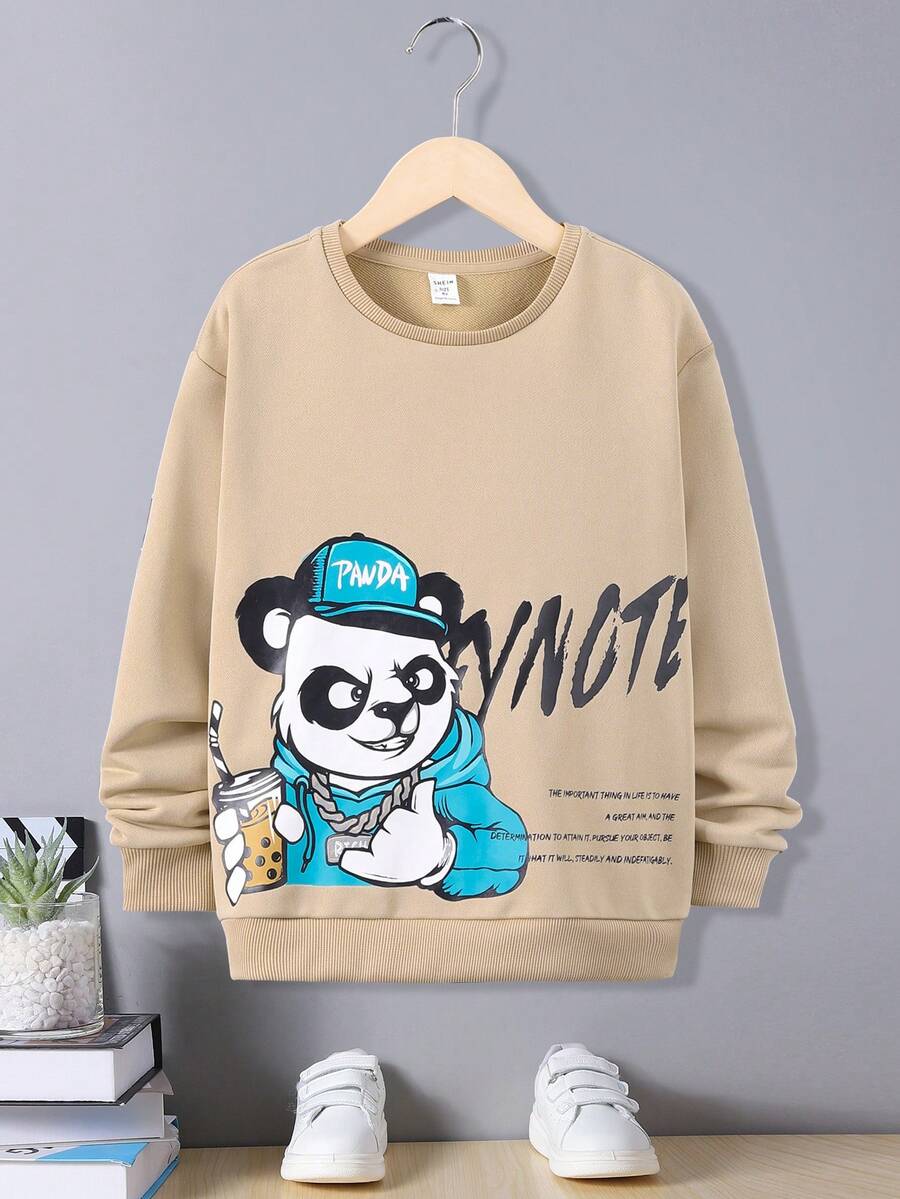 SHEIN 男大童標語&熊貓印花套頭衫 - 卡其色 - 查看 1