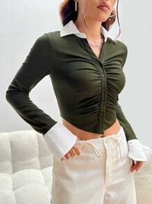 SHEIN EZwear Viền tương phản Xù Nút phía trước Mùa vụ Áo sơ mi - màu xanh lá - Xem 5