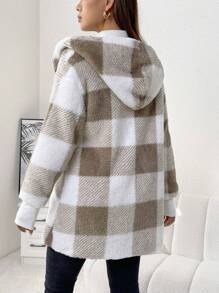 SHEIN Maternity Buffalo Plaid Pattern Drop Shoulder Hooded Teddy Coat - Khaki - View 2