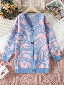 SHEIN Tween Girl Heart Pattern Drop Shoulder Cardigan