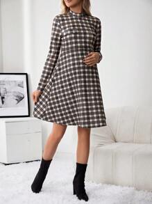 SHEIN Maternity Plaid Print Mock Neck Dress - Brown - View 4