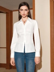Anewsta Chất rắn Nút phía trước Áo sơ mi - trắng - Xem 6