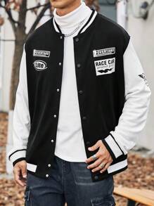 Manfinity Homme Men Plus Letter Graphic Striped Trim Varsity Jacket Without Tee - Black and White - View 5