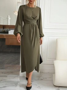 SHEIN Clasi Tay áo lồng đèn Váy Wrap Hem - xanh quân đội - Xem 5