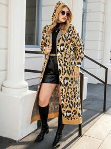 Calvaya Plus Leopard Pattern Drop Shoulder Open Front Hooded Longline Cardigan - Multicolor - View 3