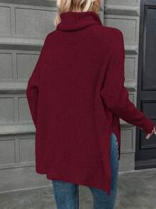 SHEIN LUNE 高領蝙蝠袖下擺開叉套頭毛衣 - 酒紅色 - 查看 2