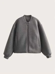 Solid Zip Up Bomber Jacket - Grey - View 1