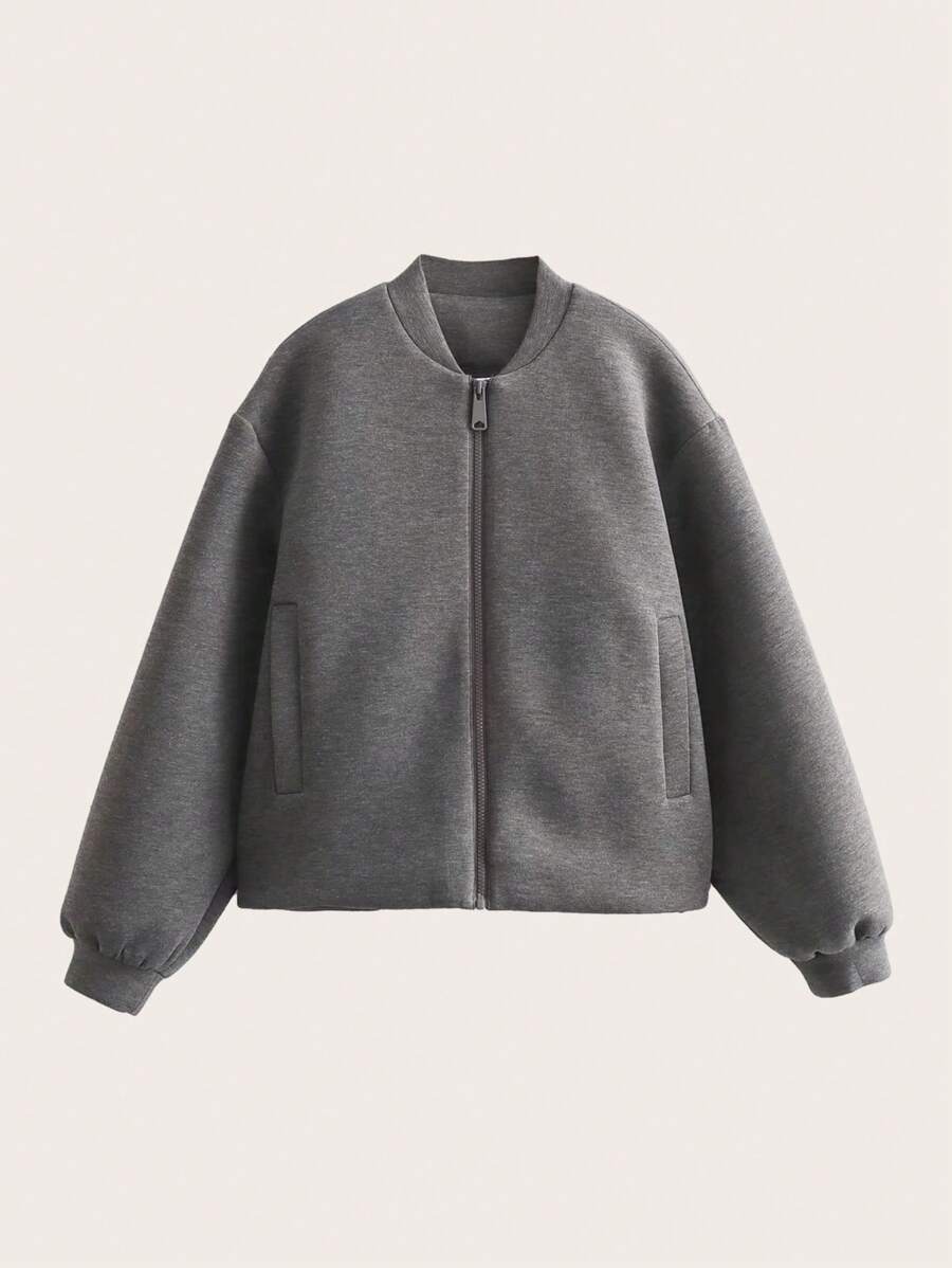 Solid Zip Up Bomber Jacket - Grey - View 1