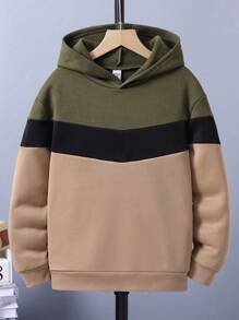 SHEIN Tween Boy Color Block Thermal Lined Hoodie - Khaki - View 1