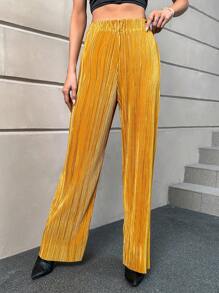 SHEIN Essnce Elastic Waist Wide Leg Pants - Gold - View 1