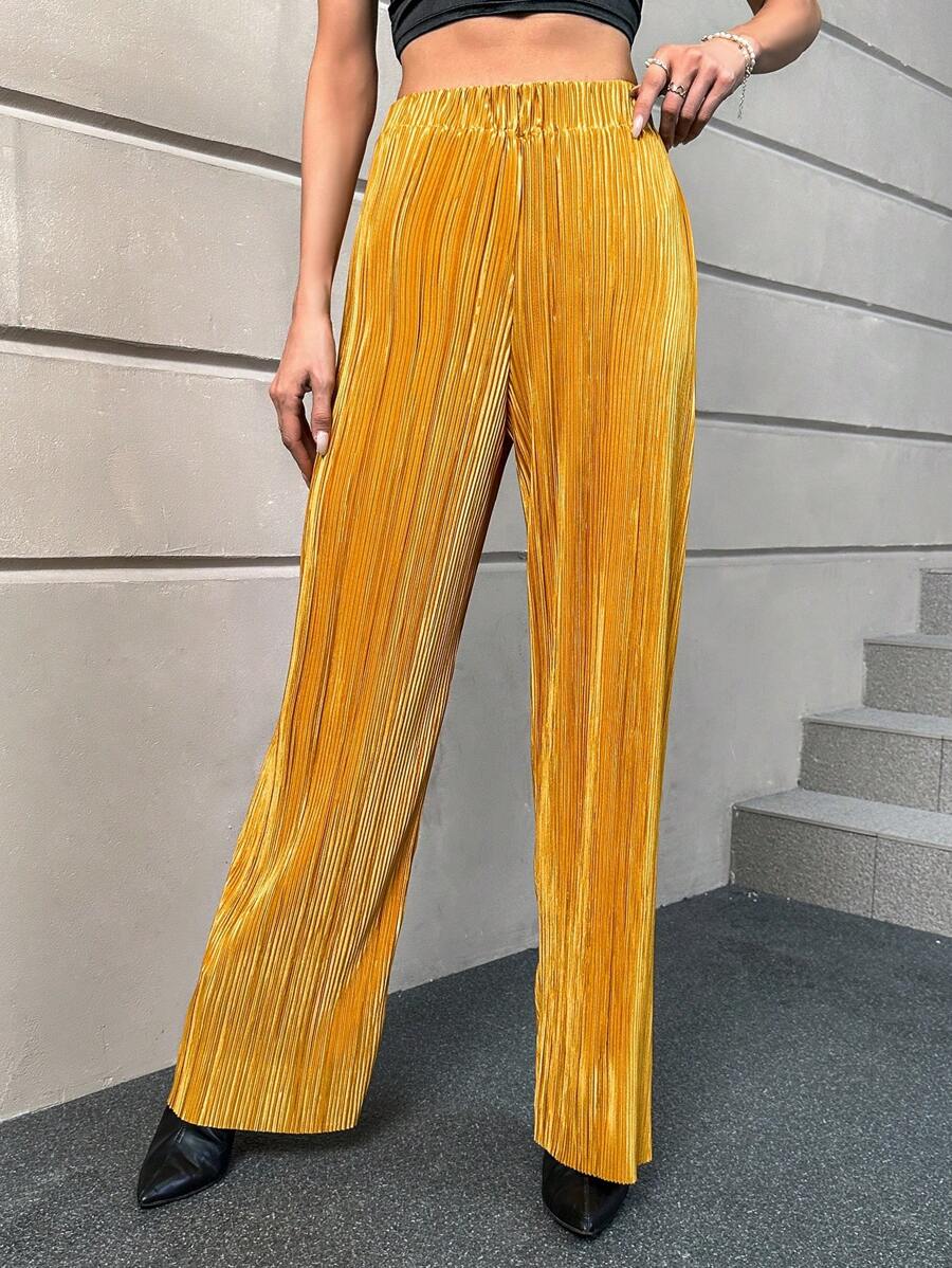 SHEIN Essnce Elastic Waist Wide Leg Pants - Gold - View 1