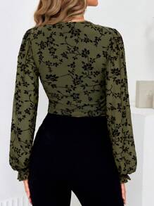 SHEIN Privé Floral Print Lantern Sleeve Crop Tee - Multicolor - View 2