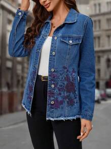 EMERY ROSE Floral Print Raw Trim Denim Jacket