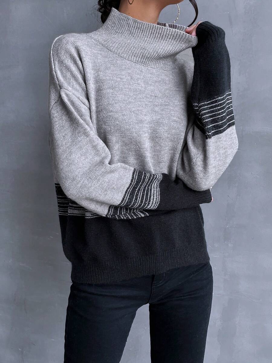 SHEIN LUNE 條紋圖案高領落肩袖套頭毛衣 - 灰色 - 查看 1