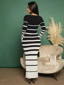 SHEIN SXY 條紋圖案方領毛衣洋裝 - 黑色 - 查看 2