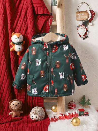 Baby Boy Animal Print Plush Lined Hooded Coat