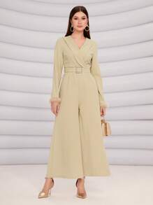 Modelyn Fuzzy Cuff Belted Wide Leg Jumpsuit - Apricot - View 1