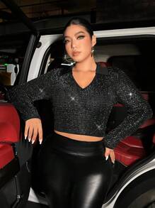SHEIN Allurite Plus Size Metallic Shiny T-shirt - Black - View 1