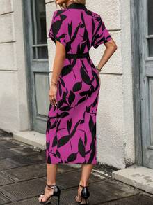 SHEIN Unity Leaf Print Batwing Sleeve Belted Shirt Dress - Multicolor - View 2