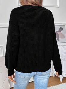 SHEIN LUNE Chain Detail Drop Shoulder Keyhole Neckline Sweater - Black - View 2