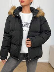 SHEIN EZwear Áo khoác đệm có mũ trùm đầu viền lông - màu đen - Xem 1