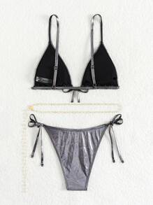 SHEIN Swim Metallic Triangle Tie Side Bikini Set - Silver - View 2