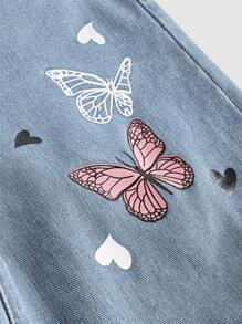 SHEIN Girlism Teen Girl Butterfly Print Ripped Straight Leg Jeans - Light Wash - View 3