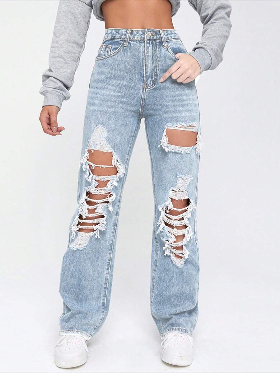 SHEIN EZwear Ripped Straight Leg Jeans - Baby Blue - View 1
