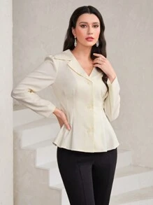 Seusyu Lapel Neck Button Front Peplum Blouse - Apricot - View 1