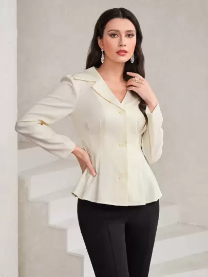 Seusyu Lapel Neck Button Front Peplum Blouse