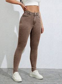 SHEIN Solid Skinny Jeans - Brown - View 1