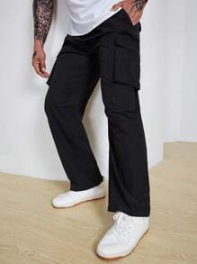 Manfinity Homme Men Plus Flap Pocket Side Cargo Loose Pants Straight Leg Long Drawstring Plain Black Going Out Size - Black - View 1