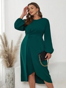 SHEIN Clasi 大碼燈籠袖前收褶洋裝 - 綠色 - 查看 3