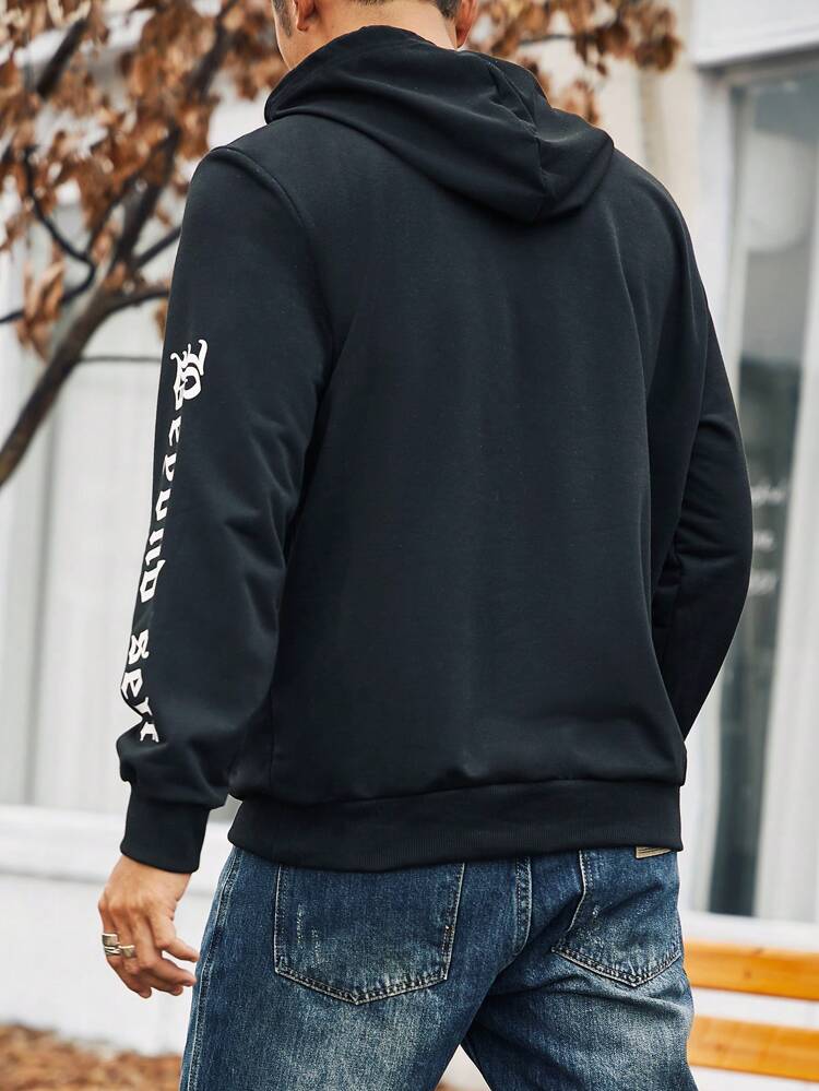 Men Plus Floral & Letter Graphic Drawstring Hoodie