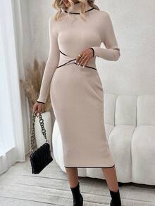 SHEIN Clasi Contrast Binding Turtleneck Raglan Sleeve Sweater Dress - Apricot - View 6