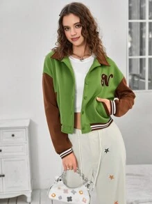 SHEIN EZwear Letter Patched Striped Trim Drop Shoulder Two Tone Varsity Jacket - Green - View 4