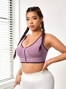 Easithlete Plus Size Zip Up Racerback Sports Bra Contrast Binding High Stretch Soft Comfort