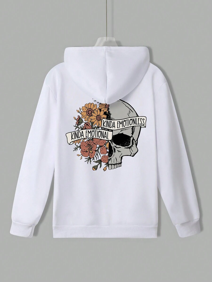 Skull & Floral Print Hoodie - White - View 1