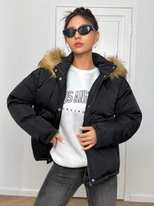 SHEIN EZwear Áo khoác đệm có mũ trùm đầu viền lông - màu đen - Xem 4