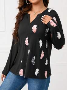 SHEIN Clasi 羽毛印花缺口領T恤 - 黑色 - 查看 4