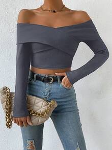 SHEIN Privé Off Shoulder Quấn chéo Top Cây trồng - Màu xanh lam - Xem 5