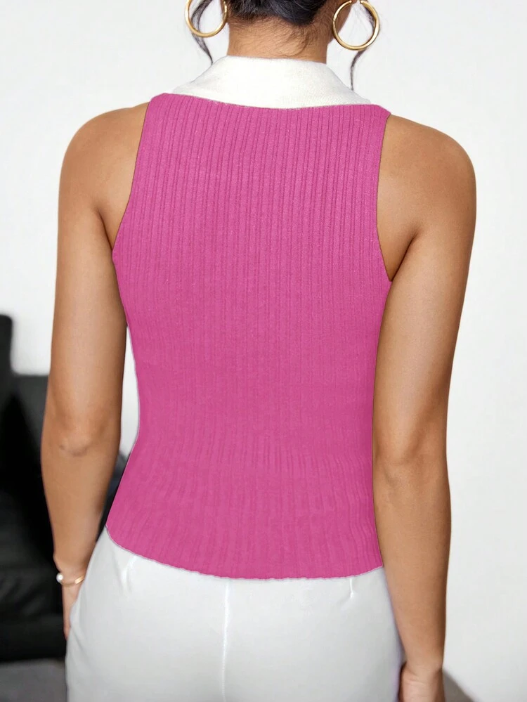 Contrast Collar Ribbed Knit Tank Top