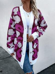 SHEIN LUNE Hoa văn Báo Thả vai Áo len Mở - Nhiều màu - Xem 4