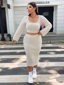 Flirla Plus Square Neck Crop Sweater & Knit Skirt - White - View 4