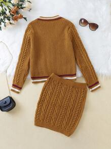SHEIN Tween Girl Striped Trim Cable Knit Cardigan & Knit Skirt