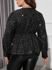 SHEIN Unity 大碼交疊領不對稱下擺金屬亮絲襯衫 - 黑色 - 查看 2