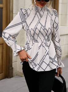 SHEIN Clasi Geo Print Flounce Sleeve Peplum Blouse - Multicolor - View 5