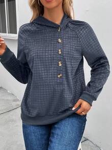 SHEIN LUNE Half Button Raglan Sleeve Hoodie - Black - View 4